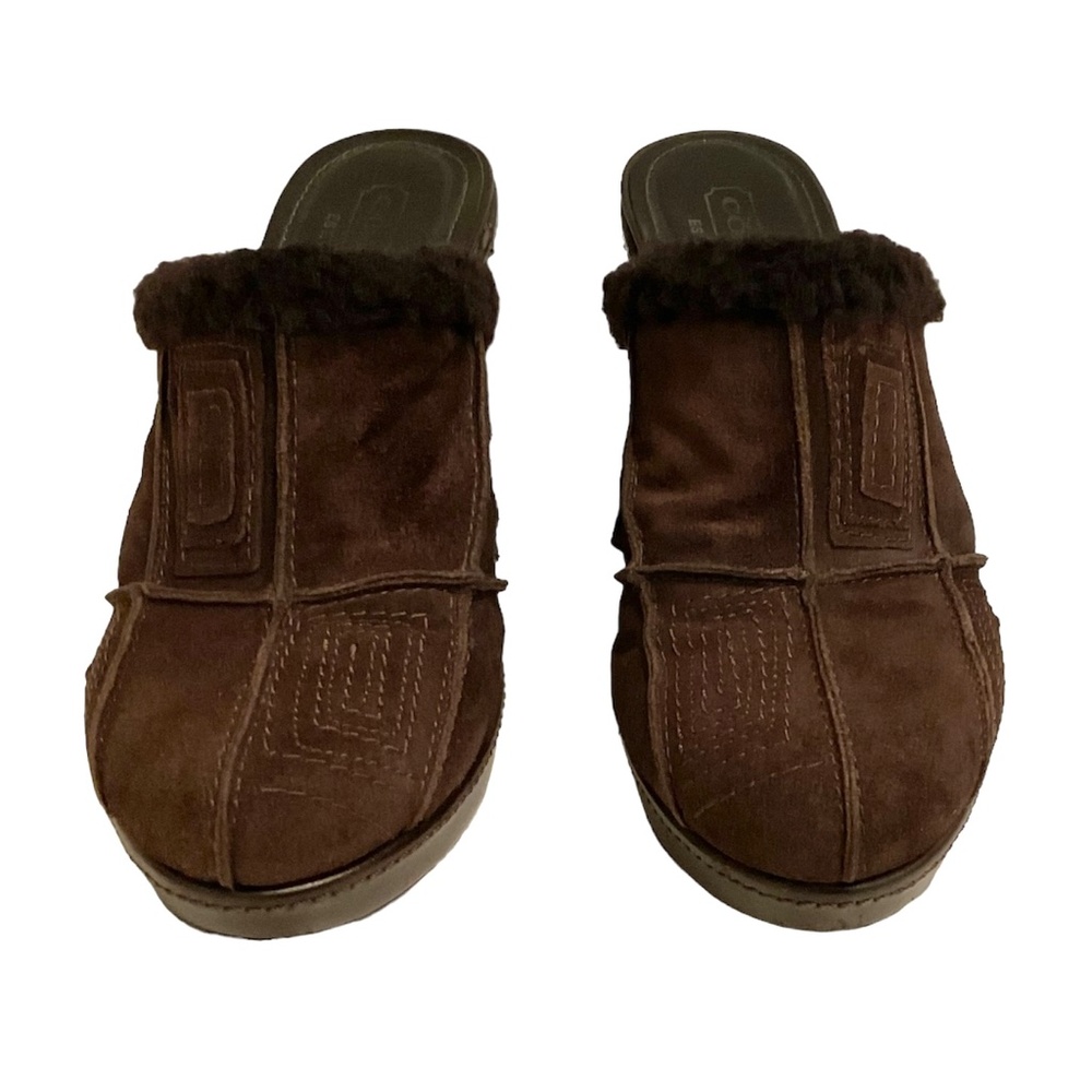COACH ❤️ Brown Suede & Sherpa Patchwork Clogs Size 7.5 Platform High Heels Mules - Picture 3 of 5